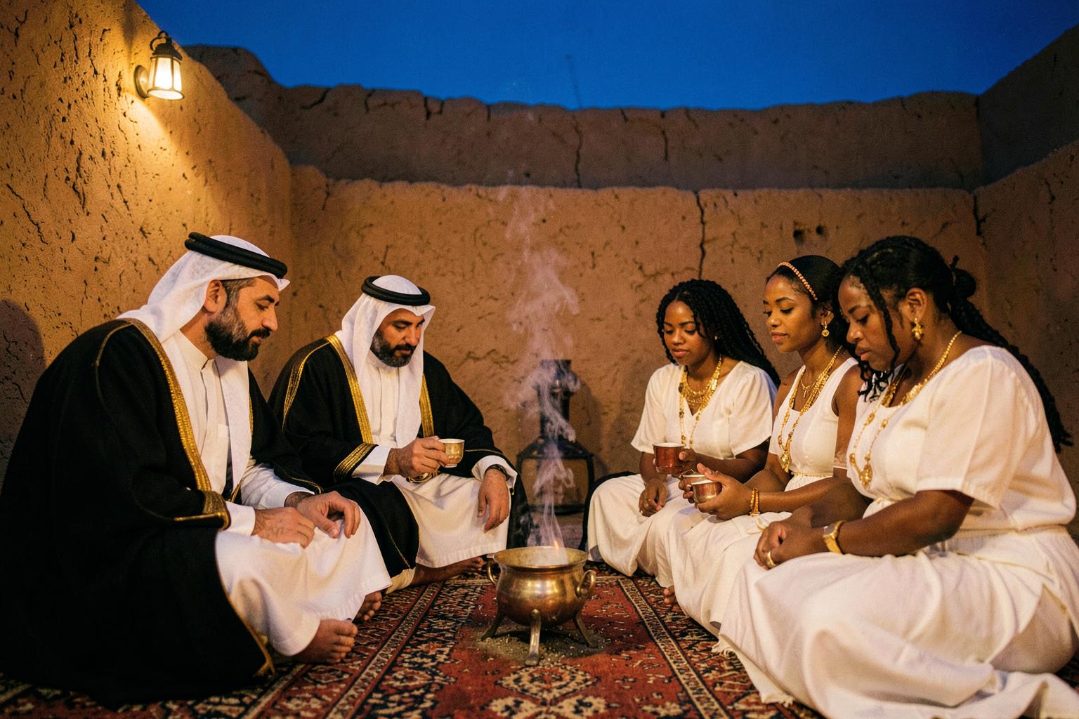 Men and women gathered at dusk, gold and cloth catching the last light